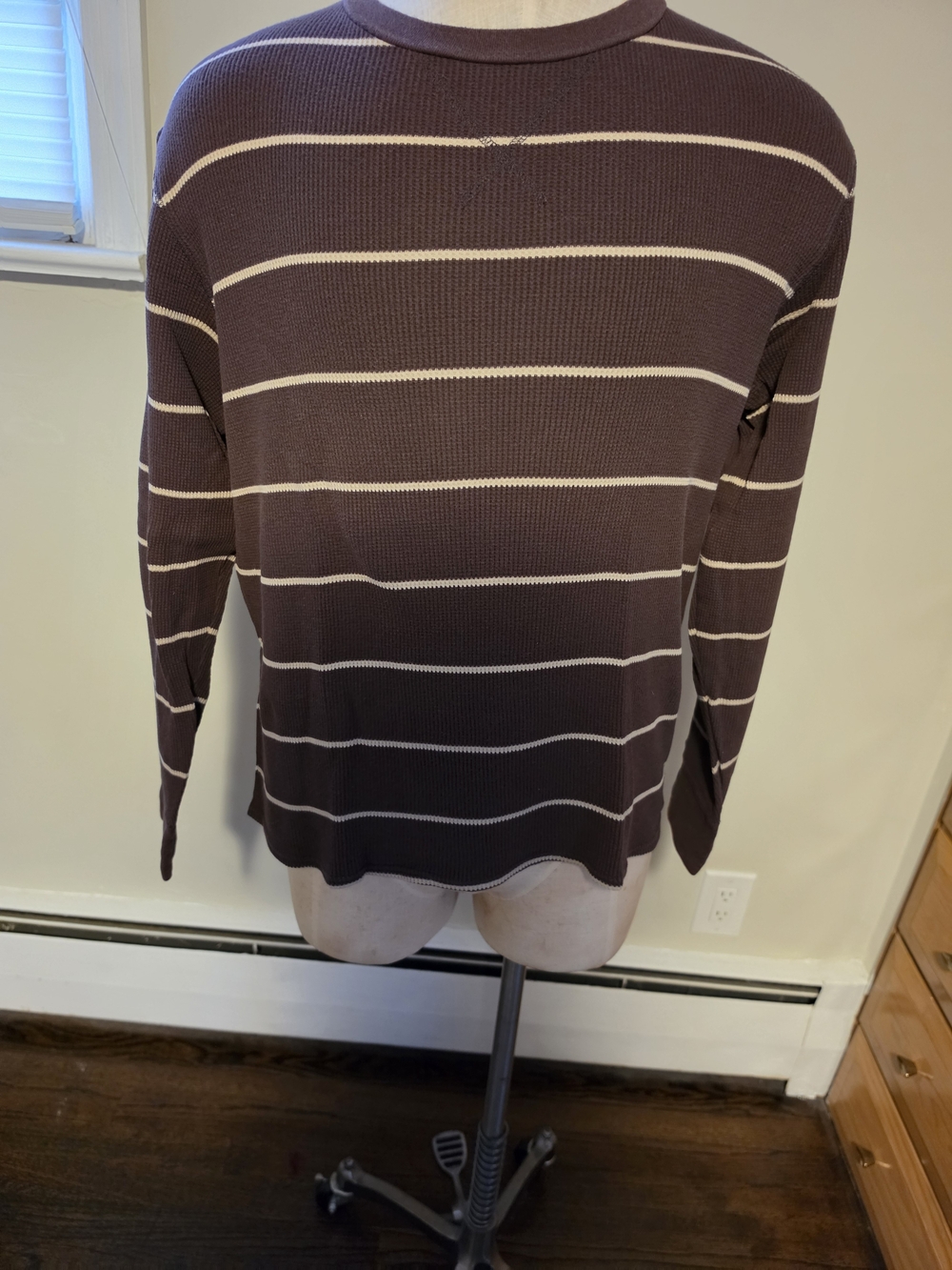 Timberland Men's Brown Crewneck Sweater with Cream Stripes